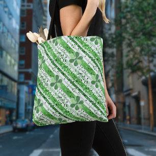 Elegant Green White Stripes Shamrock Glitter Tote Bag
