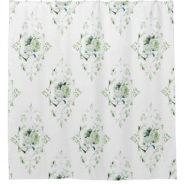 ELEGANT GREEN WHITE VINTAGE FLORAL SHOWER CURTAIN (Front)