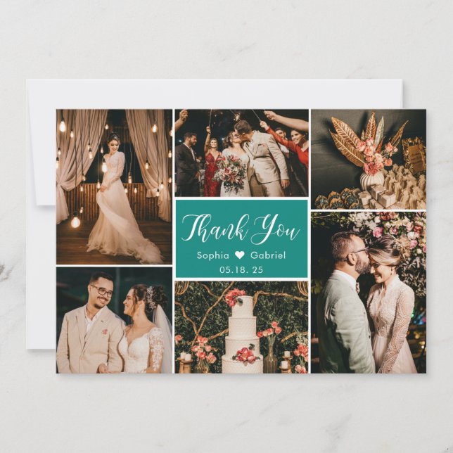Elegant Green White Wedding Multi Photo Collage Th Thank You Card (Front)
