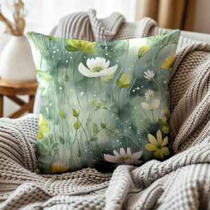 Elegant Green White Yellow Floral Botanical  Cushion