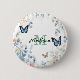 elegant Green Wildflower Boho Monogram In Bloom 6 Cm Round Badge