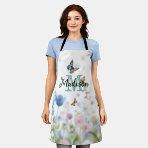 elegant Green Wildflower Boho Monogram In Bloom Apron