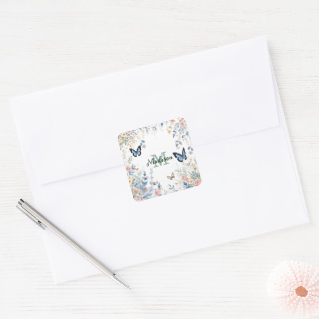 elegant Green Wildflower Boho Monogram In Bloom Square Sticker (Envelope)