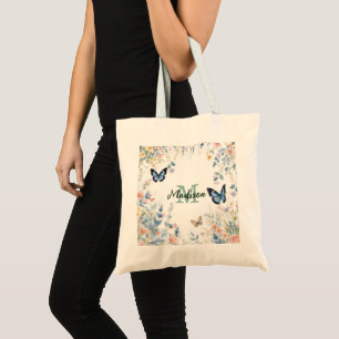 elegant Green Wildflower Boho Monogram In Bloom Tote Bag