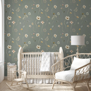 Elegant Green Wildflowers Floral Watercolor Wallpaper