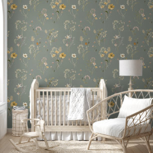 Elegant Green Wildflowers Floral Watercolor Wallpaper