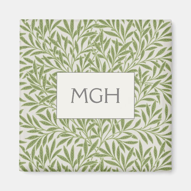 Elegant Green Willow Leaves Monogram Magnet (Front)