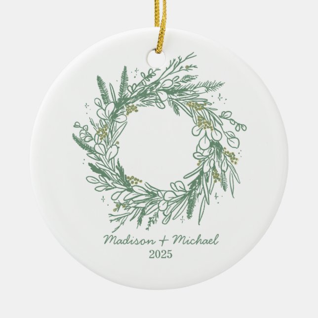 Elegant Green Winter Botanical Wreath Wedding Ceramic Ornament (Front)