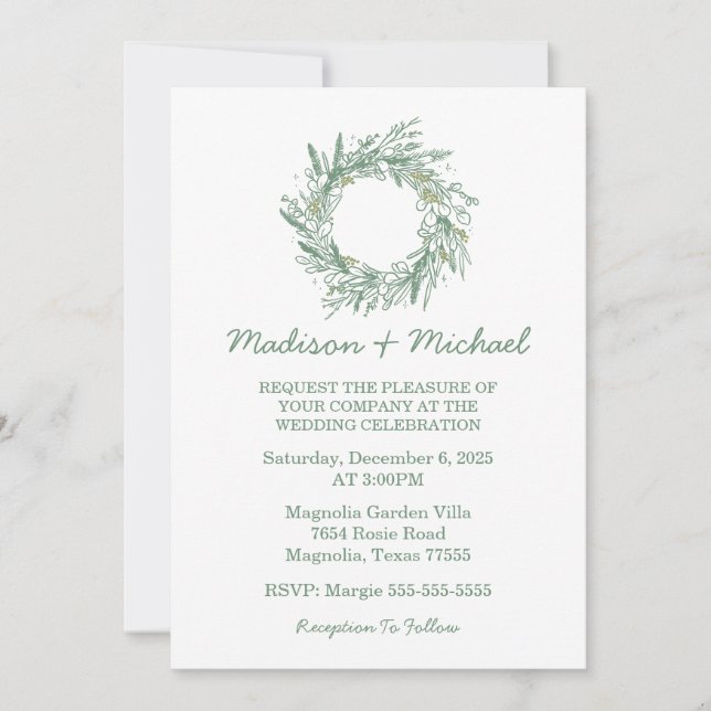 Elegant Green Winter Botanical Wreath Wedding Invitation (Front)