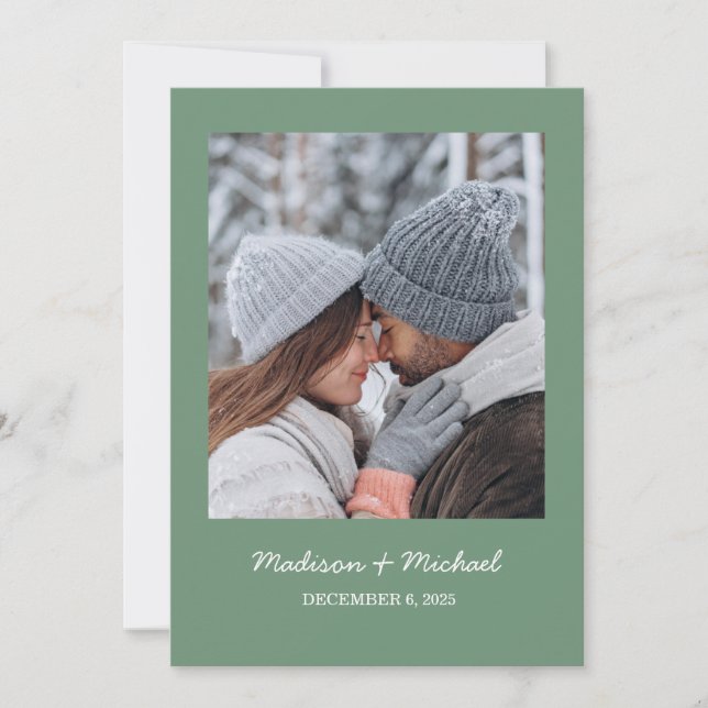 Elegant Green Winter Botanical Wreath Wedding Save The Date (Front)