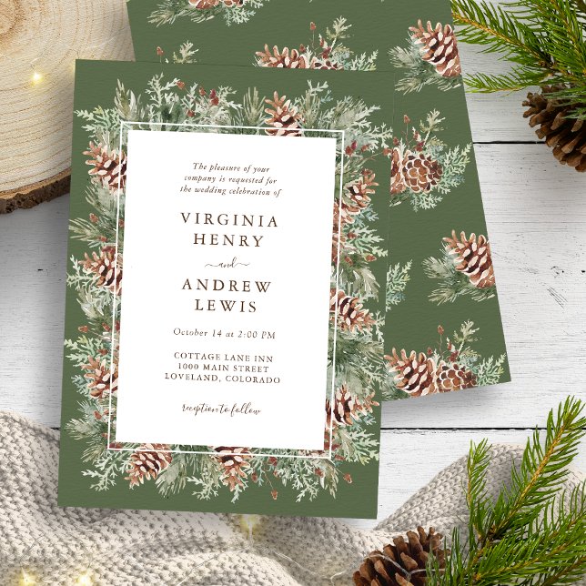 Elegant Green Winter Wedding Invitation (Elegant Green Pinecone Winter Outdoor Wedding Invitation by Painted Paperie
)