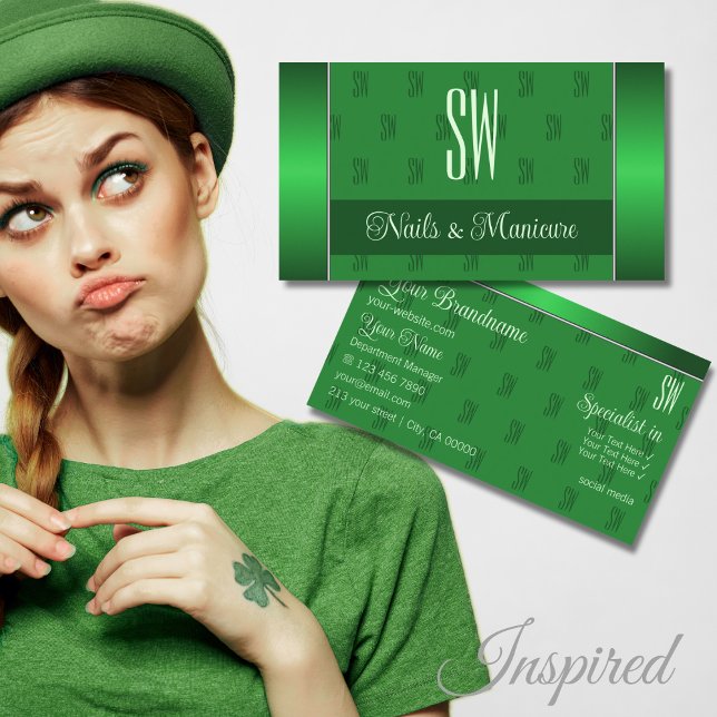 Elegant Green with Initials Pattern Professional Business Card (Creator Uploaded)