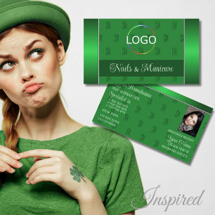 Elegant Green with Logo Photo and Monogram Pattern Business Card