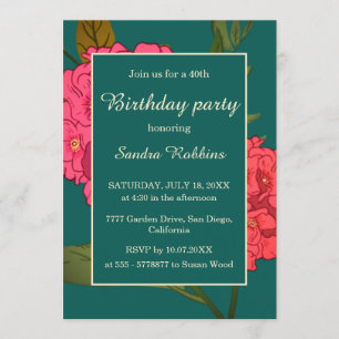 Elegant green with pink flower birthday invitation