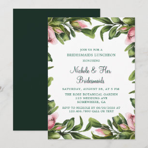 Elegant Green Wreath Pink Bud Bridesmaids Luncheon Invitation