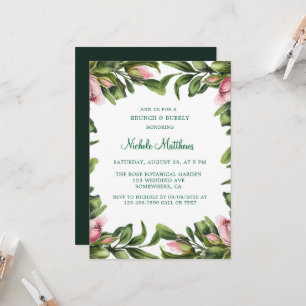 Elegant Green Wreath Pink Bud Brunch & Bubbly Invitation