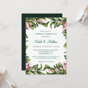 Elegant Green Wreath Pink Bud Wedding Celebration  Invitation