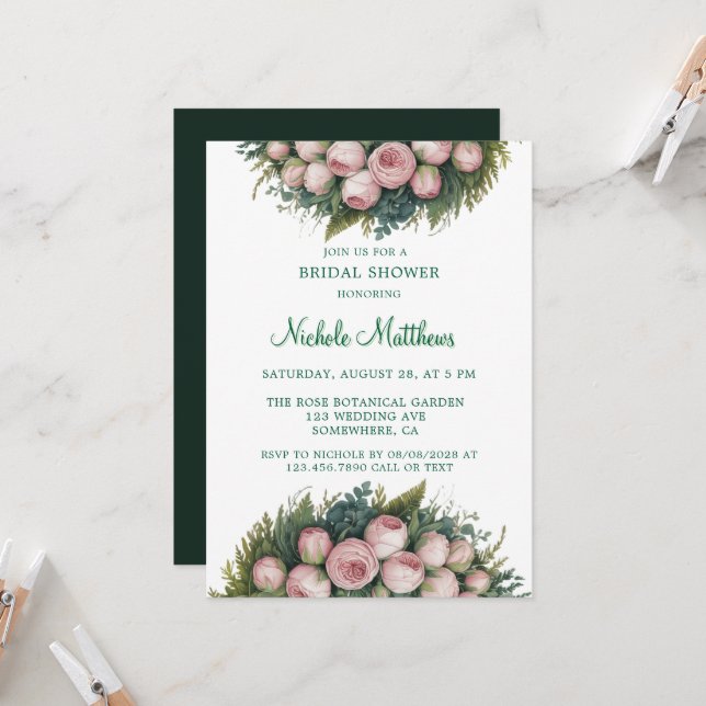 Elegant Green Wreath Pink Buds Bridal Shower Invitation (Front/Back In Situ)