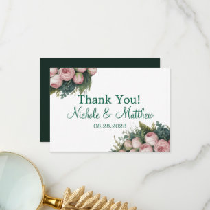 Elegant Green Wreath Pink Buds Wedding Thank You Card
