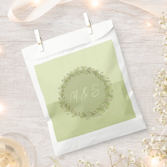 Elegant Green Wreath Watercolor Personalised Favour Bag (Clipped)