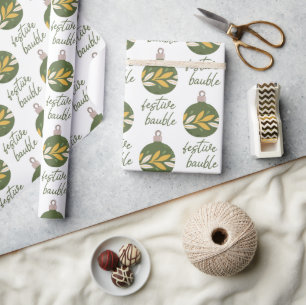 Elegant Green Yellow Christmas Festive Bauble Wrapping Paper