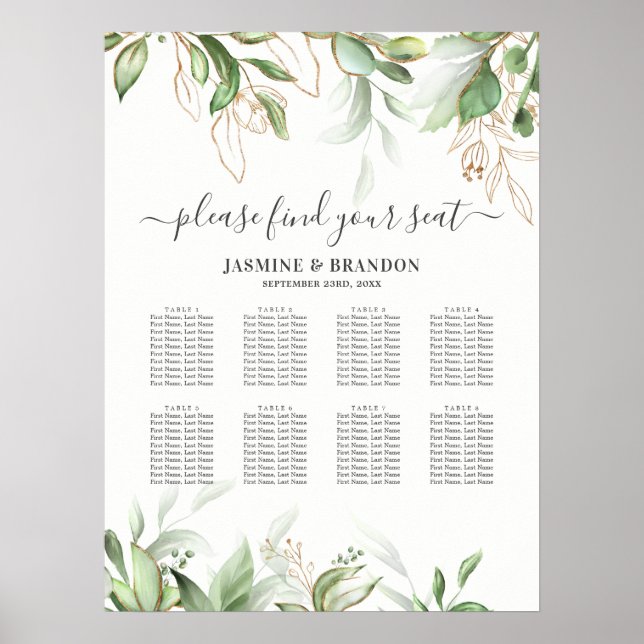 Elegant Greenery 8 Table Wedding Seating Chart (Front)