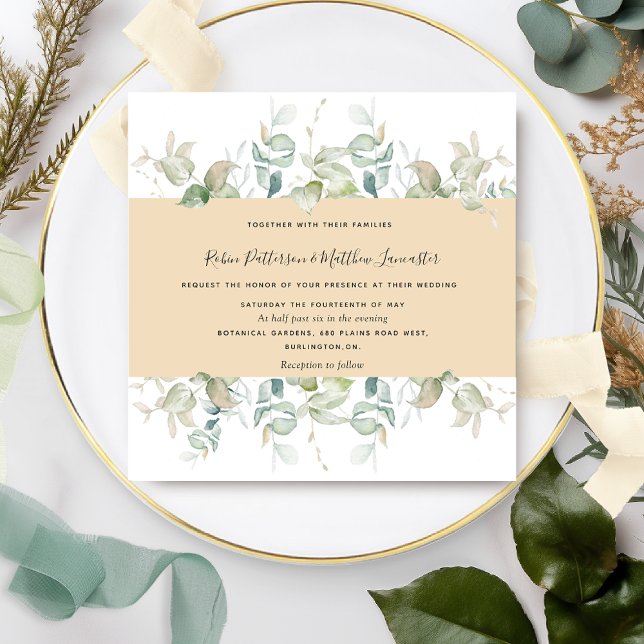 Elegant Greenery and Beige Tan, Square Wedding Invitation (Creator Uploaded)