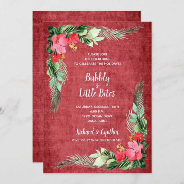 Elegant Greenery and Floral Red Christmas Invites (Front/Back)