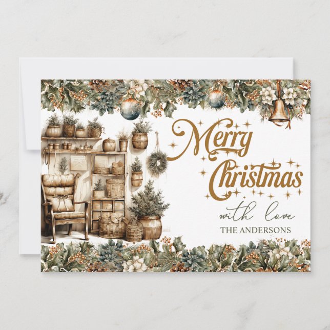 Elegant greenery and gold cosy Christmas interior Holiday Card (Front)