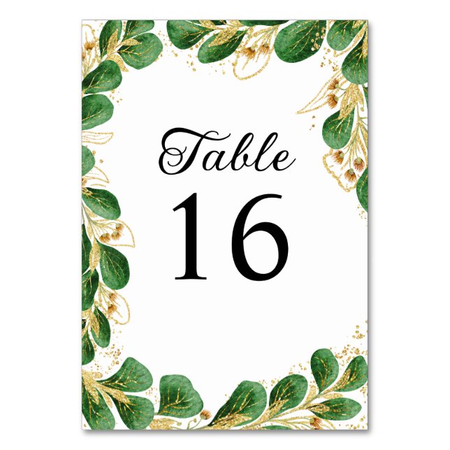Elegant Greenery and Gold Leaf Wedding Table Number (Back)
