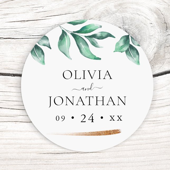 Elegant Greenery and Gold Minimalist Wedding Classic Round Sticker (Creator Uploaded)