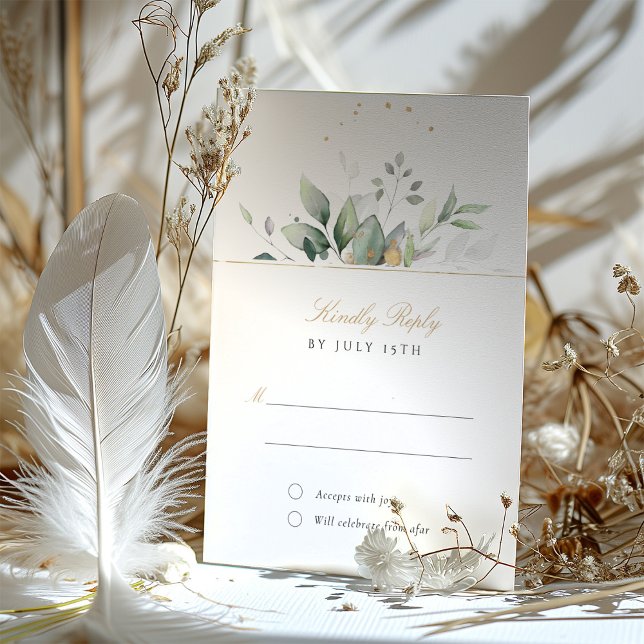 Elegant Greenery and Gold RSVP Wedding Card (Creator Uploaded)