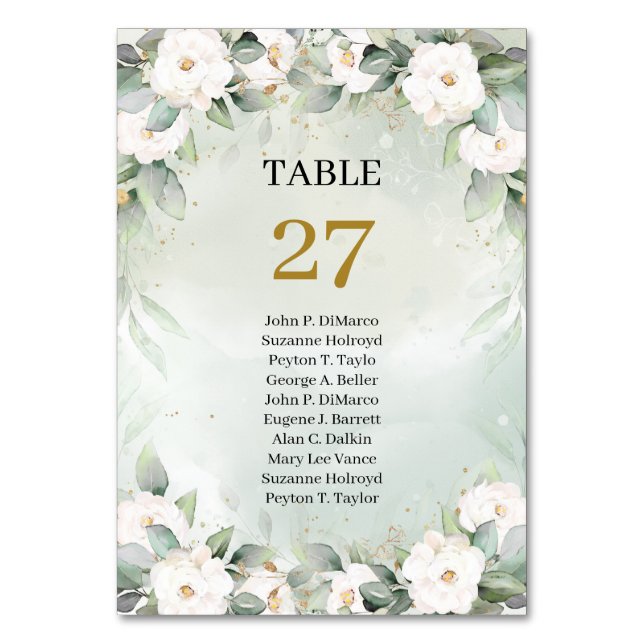 Elegant greenery and gold table number with names (Front)