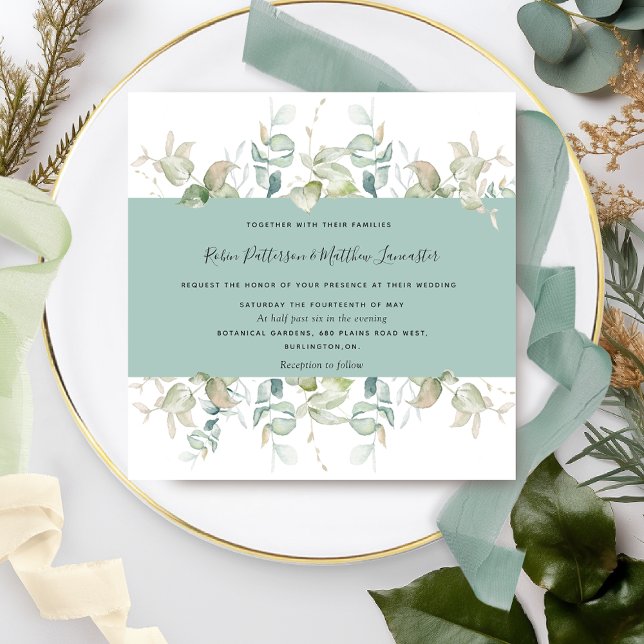 Elegant Greenery and Green Stipe, Square Wedding Invitation (Creator Uploaded)