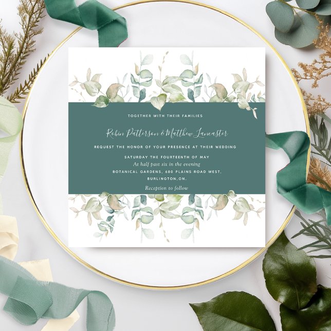 Elegant Greenery and Green Stipe, Square Wedding Invitation (Creator Uploaded)