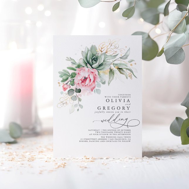 Elegant Greenery and Pink Flowers Wedding Invitation (Pink Floral Succulents Greenery Wedding Invitations)