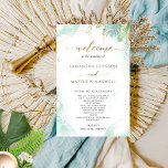 Elegant Greenery and Watercolor Wedding Program<br><div class="desc">Elegant Wedding program with delicate watercolor stain background and top greenery in turquoise, aqua, dusty blue and soft green hues. Gold details in leaves, speckles and modern hand written calligraphy. Ability to make text changes and adjustments by selecting customise further. Front with wedding ceremony details, back with wedding party names...</div>