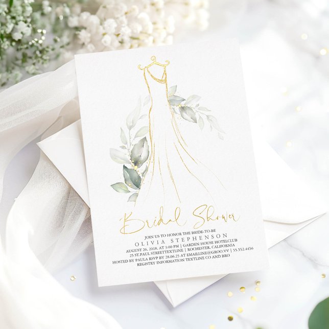 Elegant Greenery and Wedding Dress Bridal Shower (Greenery Wedding Dress Bridal Shower Invitations)