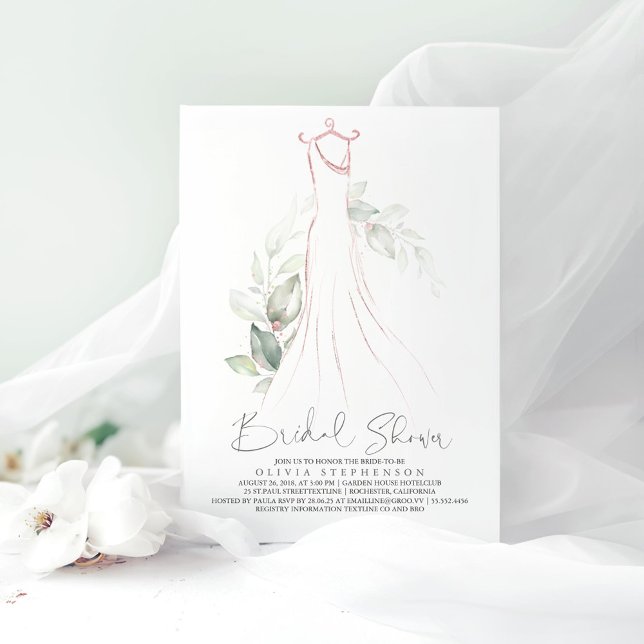 Elegant Greenery and Wedding Dress Bridal Shower I Invitation (Rose Gold Dress and Greenery Bridal Shower Invitations)