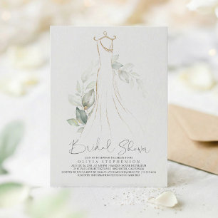 Elegant Greenery and Wedding Dress Bridal Shower Invitation