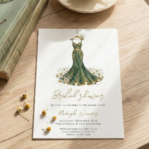 Elegant Greenery and Wedding Dress Bridal Shower Invitation