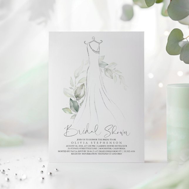 Elegant Greenery and Wedding Dress Bridal Shower Invitation (Silver Greenery Dress Bridal Shower Invitations)