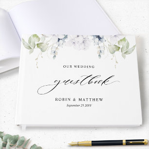 Elegant Greenery and White Blue Floral Wedding Guest Book