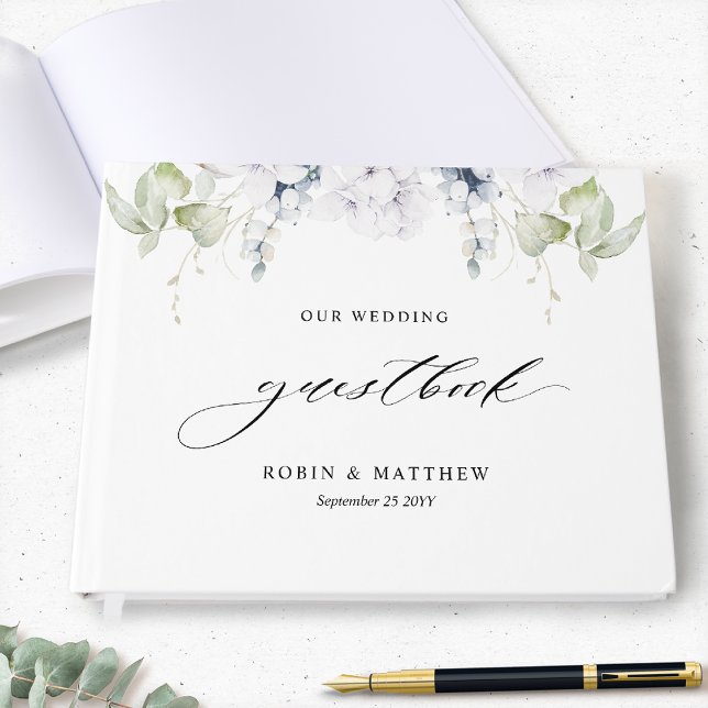 Elegant Greenery and White Blue Floral Wedding Guest Book (Creator Uploaded)