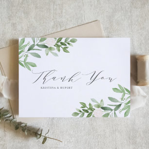 Elegant Greenery and White Flowers Grey Wedding Thank You Card