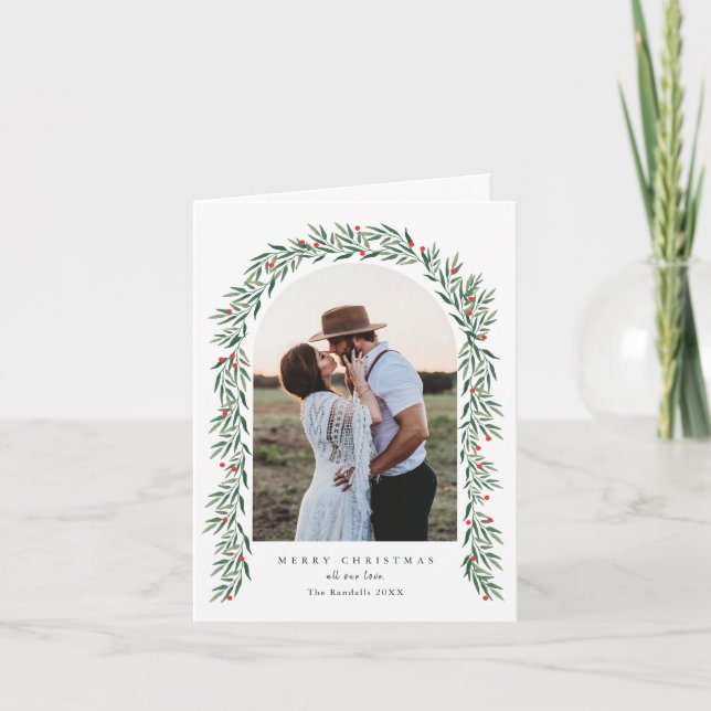 Elegant Greenery Arch Modern 2 Photo Christmas Holiday Card (Front)