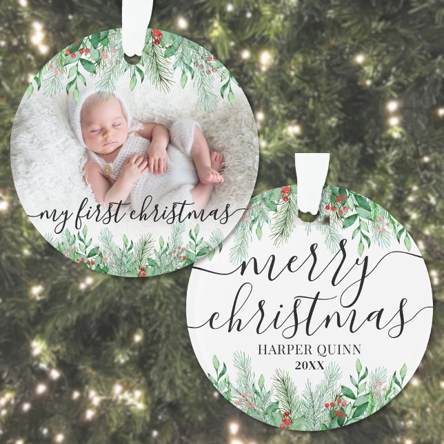 Elegant Greenery Baby Photo First Christmas Ornament (Elegant Greenery Baby Photo First Christmas Ornament )