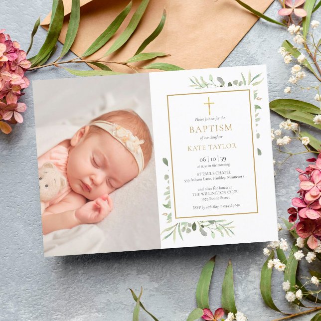 Elegant Greenery Baptism Christening Photo Invitation Postcard (Creator Uploaded)