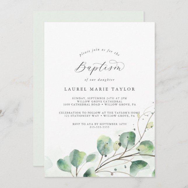 Elegant Greenery Baptism Invitation (Front/Back)