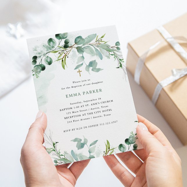Elegant Greenery | Baptism Invitation (An elegant Baptism invitation with pretty watercolor eucalyptus greenery)